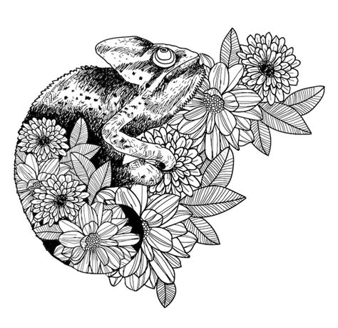 Tatuaż ręka kameleon rysunek i szkic czarno-biały z ilustracja linia ...