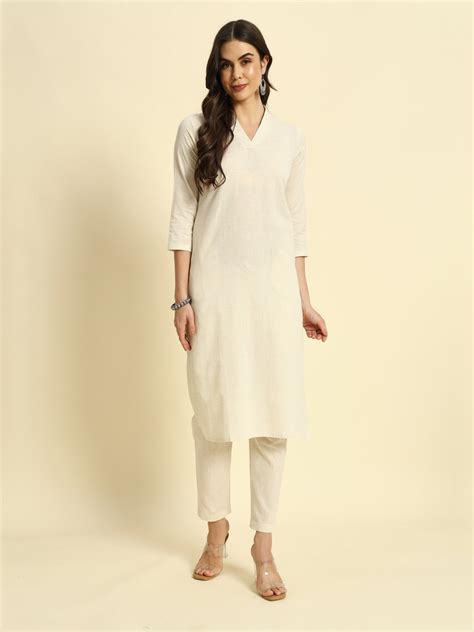 Thread Plus Cream Cotton Flax Straight Kurti Pant Set – Budget styling