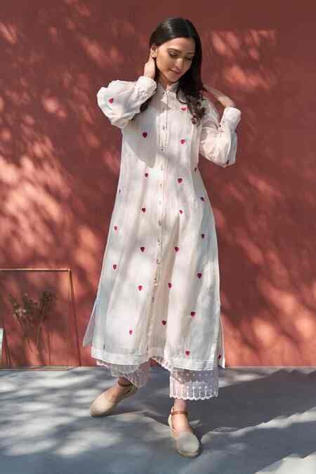 Buy White Cotton, Organza, Chanderi Mandarin Collar Embroidered Kurta ...