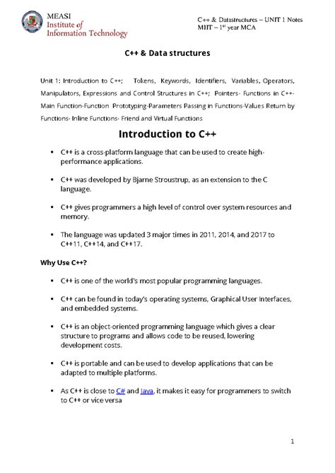 C++ DATA STRUCTURES - UNIT 1: INTRODUCTION AND TOKENS - Studocu