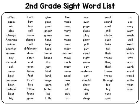 First Grade Sight Word List Printable