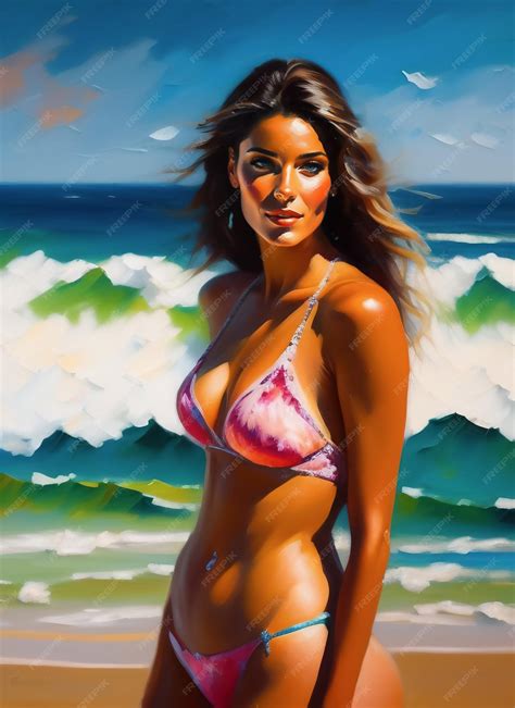 Premium AI Image | A painting of a woman in a bikini standing on the beach.