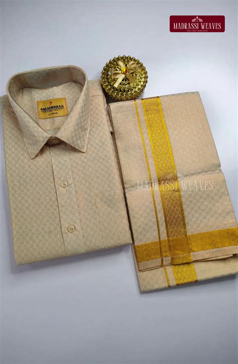 Wedding Zari Brocade Shirt and Dhoti Set - Rose Gold – Madrassi Weaves