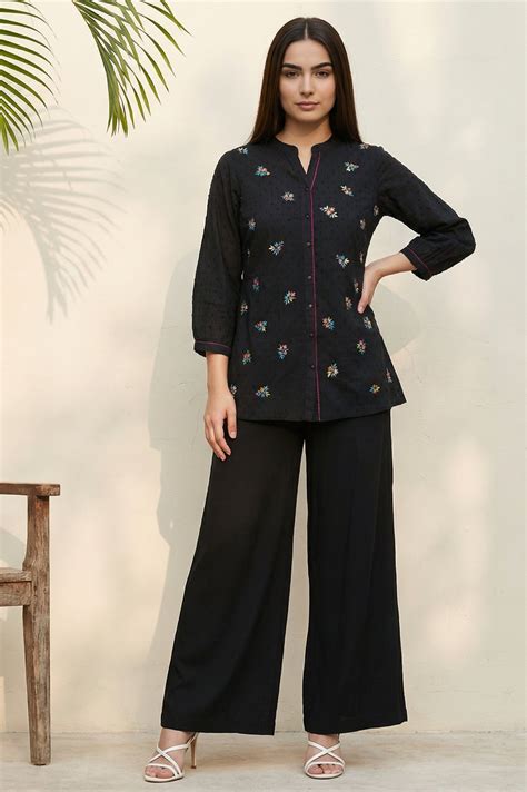 Buy Black Embroidered Thread Work Pure Cotton Straight Kurti Online for ...