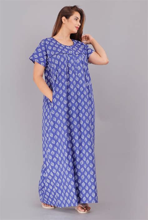 Floral Printed Gulmohar Blue Cotton Gown – Nightwear Collection ...