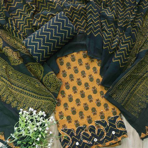 Patang Mango Yellow Applique Work with Ajrak Print Cotton Suit Set ...