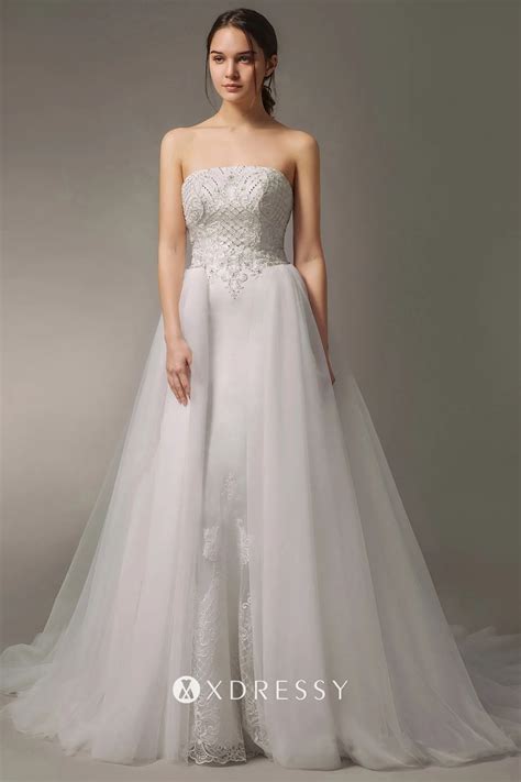 Beaded Satin Mermaid Wedding Dress with Overskirt - Xdressy