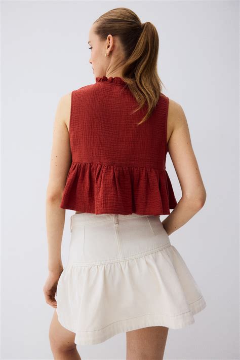 Women's Rust red Frill-trimmed muslin top | H&M IN