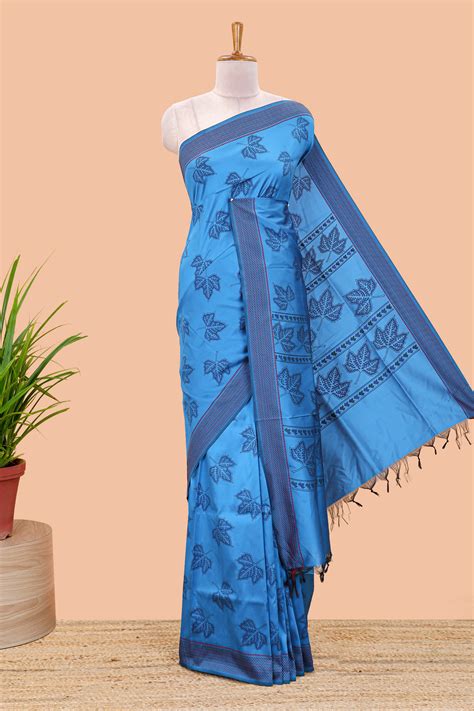 Blue leaf motifs poly cotton saree with self border and pallu ...