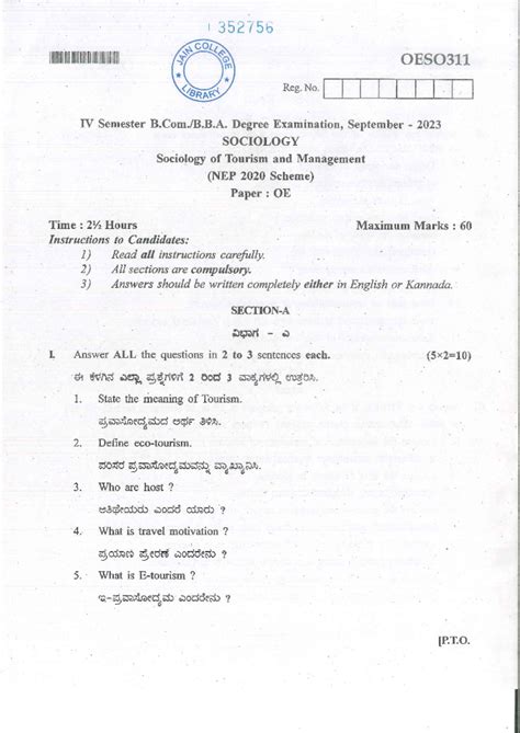 I 352756 JAIN COLLEGE OESO311 IV Sem Exam Sept 2023: Sociology of ...