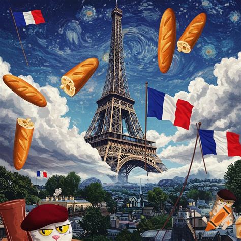 Surreal scene with the Eiffel Tower among clouds, floating baguettes ...