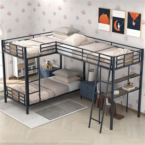 Amazon.com: Livavege L-Shape Triple Bunk Bed with Trundle for 4 Kids/Teens/Adults, Metal Bunk ...