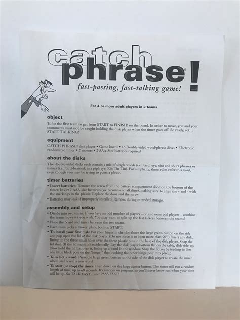 Catch Phrase Original Fast Passing Talking Board Game Instructions ...
