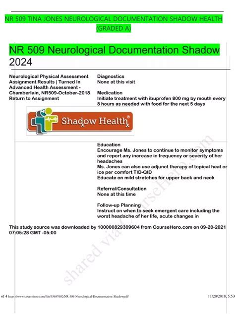 NR 509 TINA JONES NEUROLOGICAL DOCUMENTATION SHADOW HEALTH (GRADED A ...