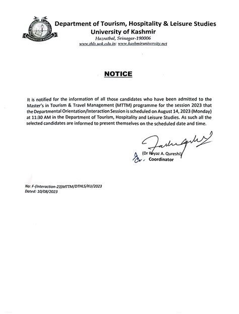 Tourism, Hospitality & Leisure Studies, University of Kashmir