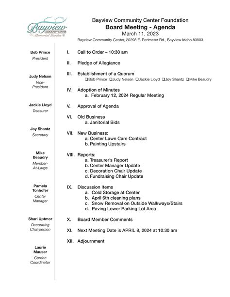 Board Meeting March 11, 2024 - Bayview Community Center