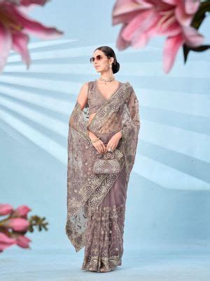 Buy Tikhi Imli Mauve Embroidered Net Saree with Unstitched Blouse with ...
