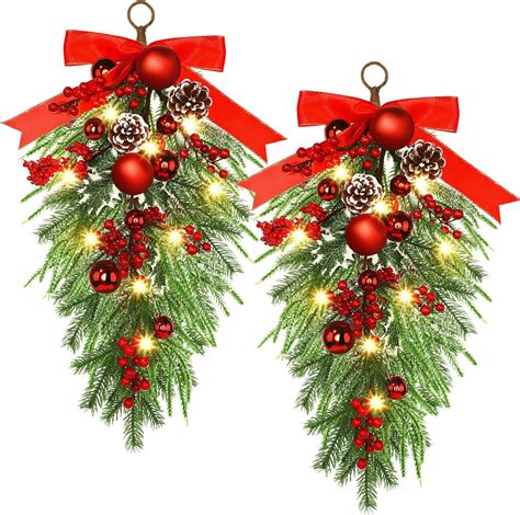 Amazon.com: Liliful 2 Pcs Christmas Teardrop Swags with Lights Norfolk ...