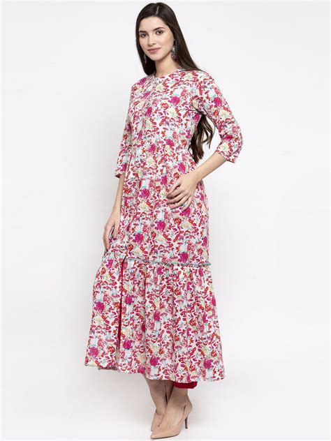 Indibelle cotton floral print front slit A-line kurta set (Pink ...