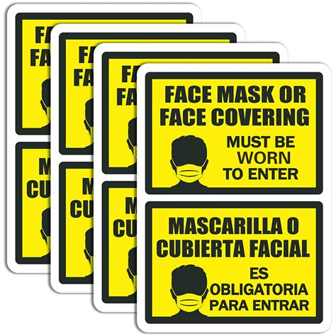 Face Mask Required Sign in Spanish and English, 4 Pack 9" x 6.5 ...