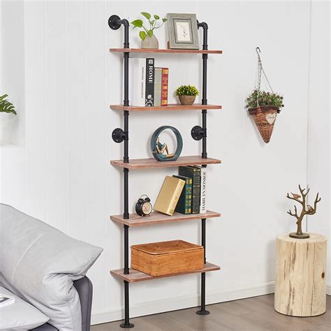 Buy 5 Tier Industrial Ladder Shelf Bookcase, Wall Mounted Rustic ...