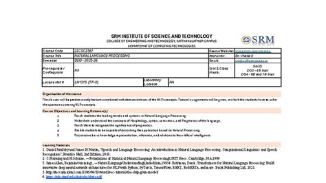 21CSC356T - NLP Lecture Handout and Course Overview - Studocu
