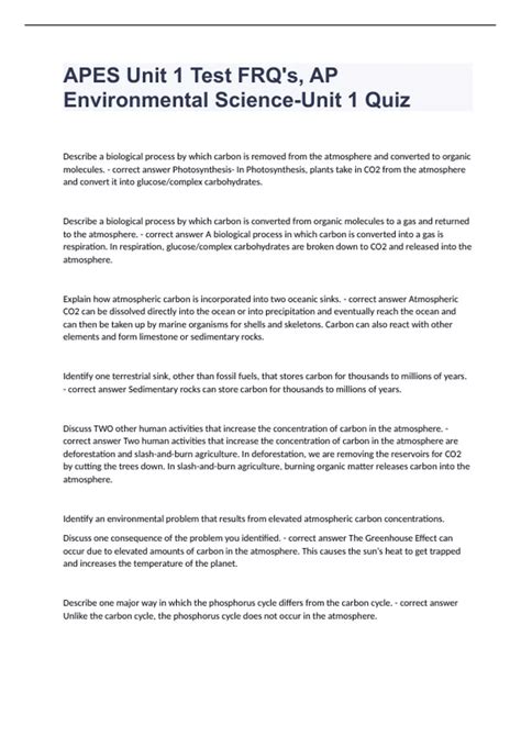 APES Unit 1 Test FRQ's, AP Environmental Science-Unit 1 Quiz well ...