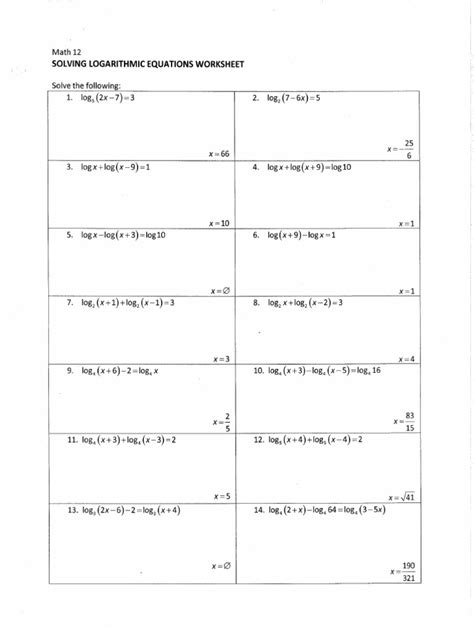 Image result for Logarithmic Equations Worksheet