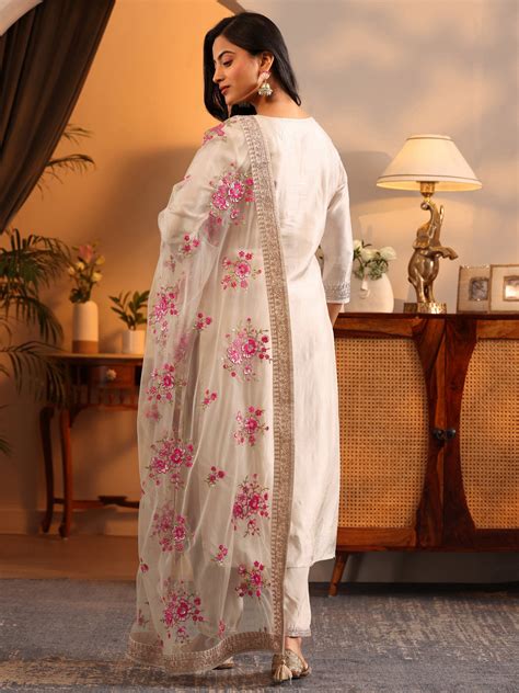 Buy Off White Woven Design Silk Blend Straight Suit Set With Dupatta ...