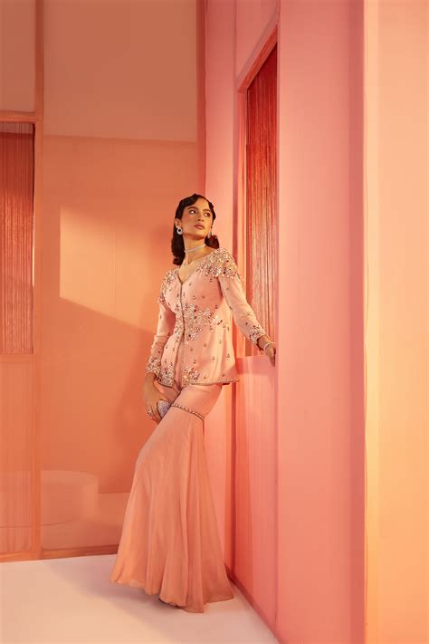 Buy Dusty pink sharara and peplum Set by Designer Sanya Gulati