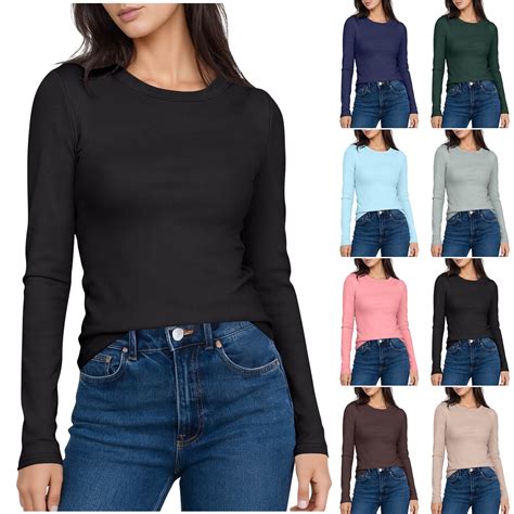 Aboser Womens Plain Long Sleeve Shirts Soft Slim Fit Basic Tee Solid ...