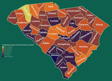 Population density of South Carolina counties -2018