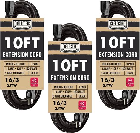 CABLECTRIC 3 Pack of Black Extension Cord 10 ft, 16 Gauge Outdoor ...