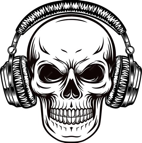 Premium Vector | Skull face with headphones black and white illustration