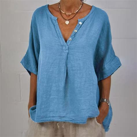 Women's Shirt Cotton Blend Blouse Buttons Plain Basic Modern Casual ...