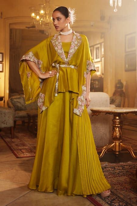 Buy Green Silk/organza Hand Embroidered Floral Kaftan Notched Lapel And ...