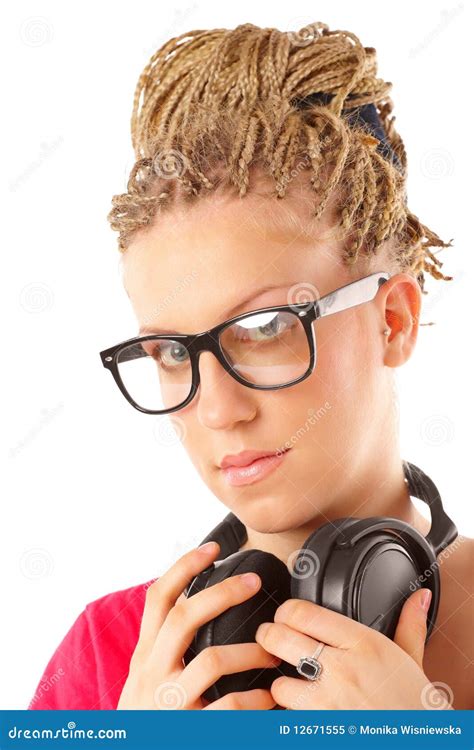 Girl Many Plaits Hairstyle with Headphones Stock Image - Image of ...