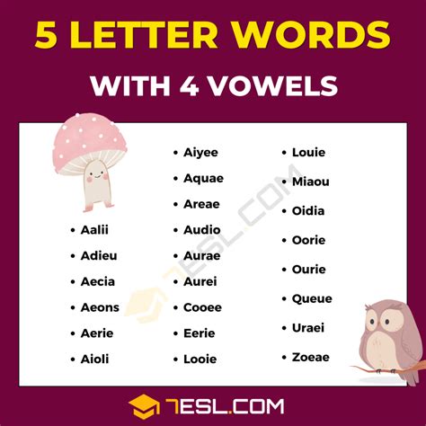 23 Examples of 5 Letter Words with 4 Vowels in English • 7ESL