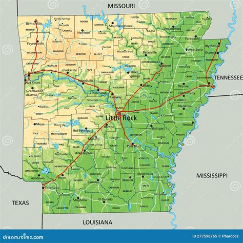 Detailed Arkansas Physical Map with Labeling. Stock Vector ...