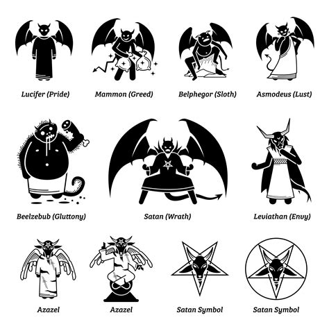 Seven deadly sins devils and Satan. Vector illustrations of Lucifer ...
