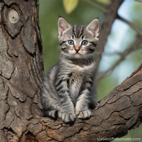 Gray Tabby Kitten Sitting on Tree | Stable Diffusion Online