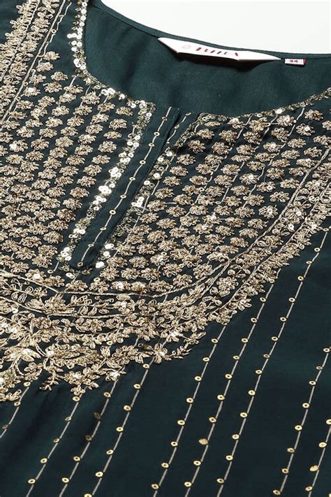 Bottle Green Poly Viscose Straight Printed Kurta at Biba India