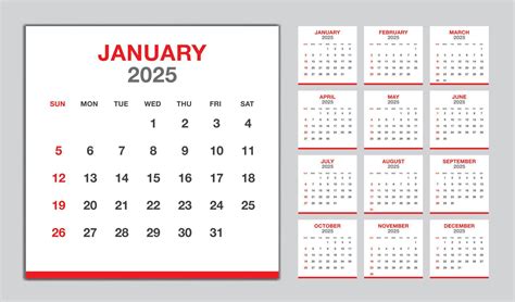 Calendar 2025 year red design, Monthly calendar template for 2025 year, Week Starts on sunday ...