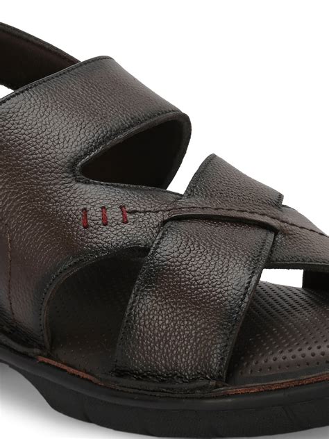 Hitz Men's Brown Leather Open Toe Comfort Sandals with Velcro Closure ...