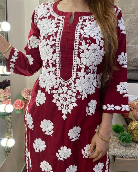 Maroon Ryon Cotton Chikankari Embroidery Work Kurti With Pant – SurtiSilk