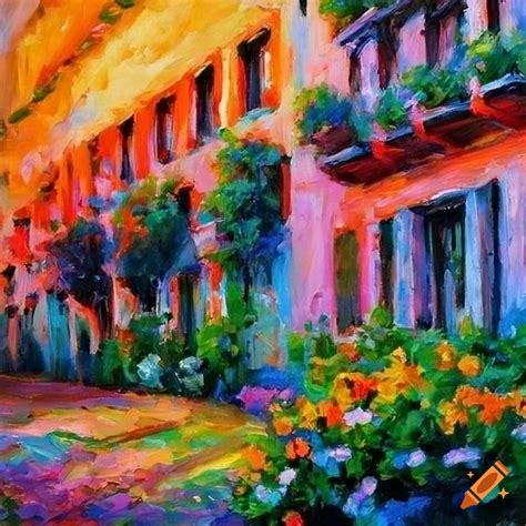 Impressionist painting of a building with flower-filled balconies