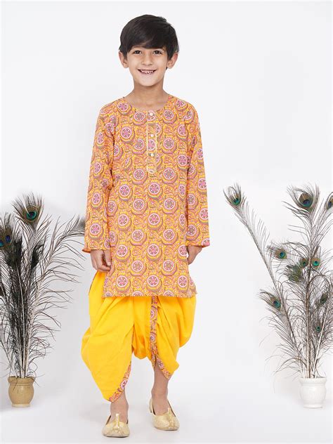 Boys Floral Kurta with Pearl Buttons and Dhoti in Yellow – Little Bansi