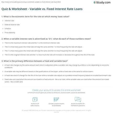 Quiz & Worksheet - Variable vs. Fixed Interest Rate Loans | Study.com