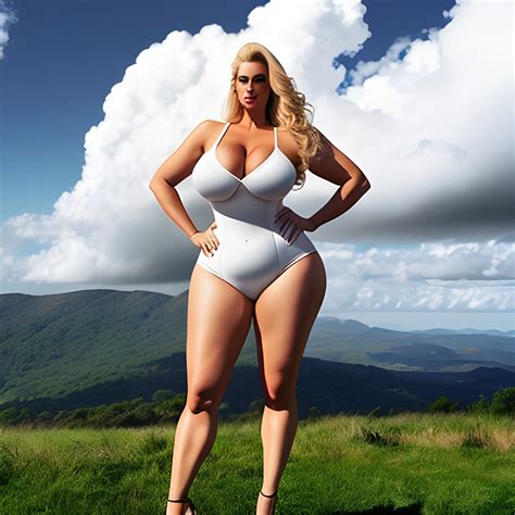 very tall robust curvy blonde girl standing under clouds - Arthub.ai