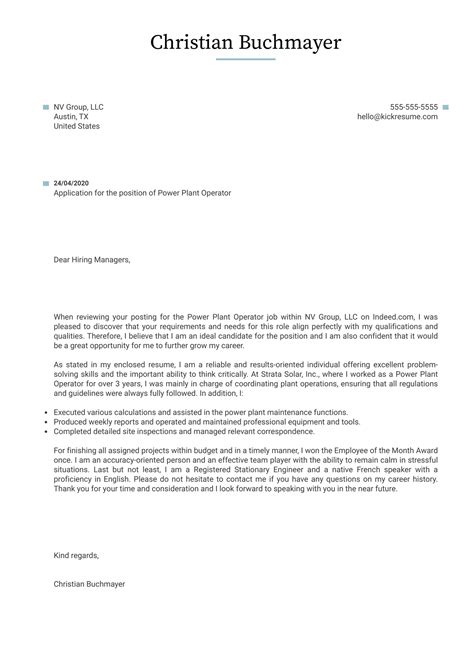 Power Plant Operator Cover Letter Example | Kickresume